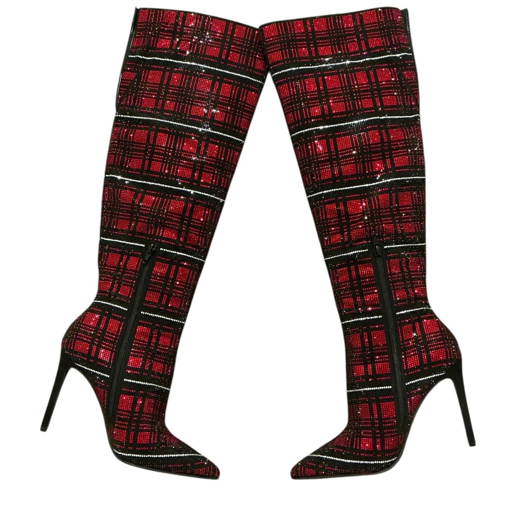 INC International Concepts Red and Black Plaid rhinestone boots OTK Boots - Picture 2 of 9